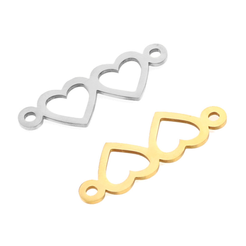 Stainless Steel Gold Double Heart Charm High Quality Connector for Bracelet Necklace Hollow Pendants Diy Jewelry Making