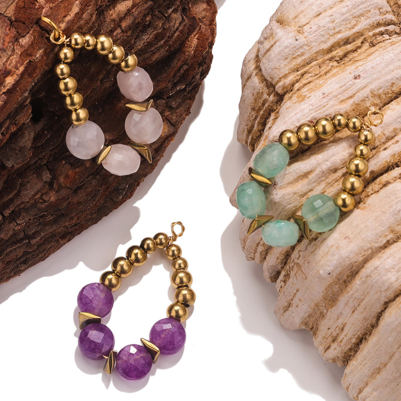 Stainless Steel Bohemian Hand-woven Drop Natural Stone Steel Bead Pendant DIY Earring Jewelry