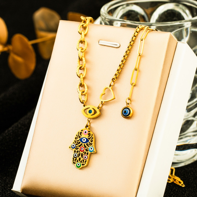 Flyfyp 316L Stainless Steel Fatima Hand Pendant Necklace for Women Fashion Devil's Eye Rhinestone Jewelry Free Shipping