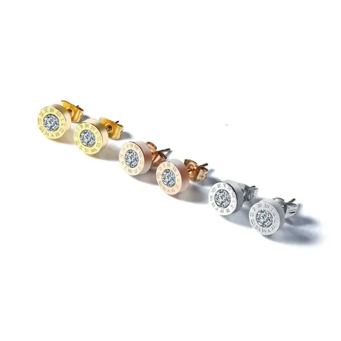 Fashion Chic Stainless Steel Acrylic Crystal Stud for Women Men Jewelry Vintage Roman Numerals Small Earring