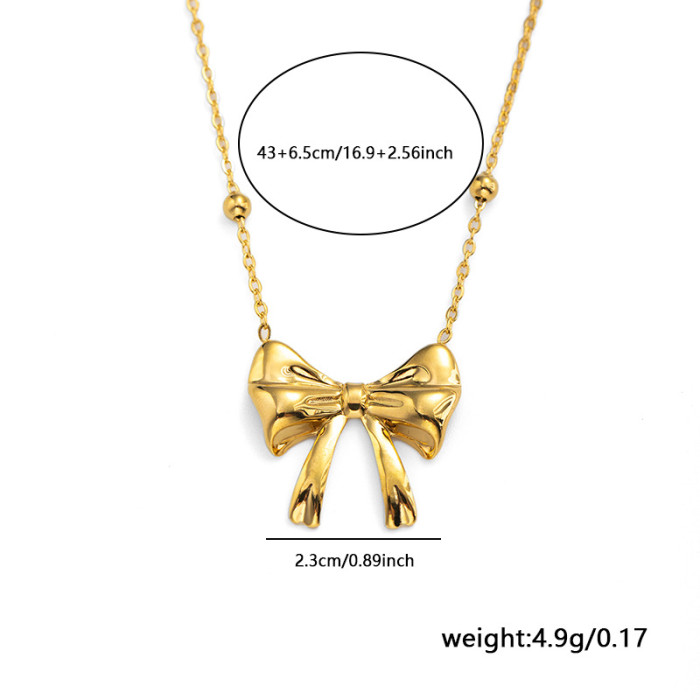 18K Gold Plated Minimalist Bowknot Pendant Necklace Metal Texture Stainless Steel Delicate Charm Stylish Jewelry