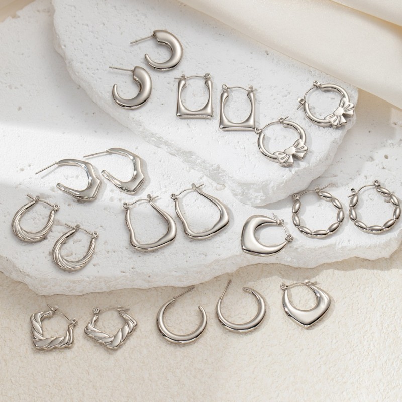 316L Stainless Steel Geometric Chunky Unusual Hoop Earrings for Women Steel Color Texture Charm Stylish Jewelry