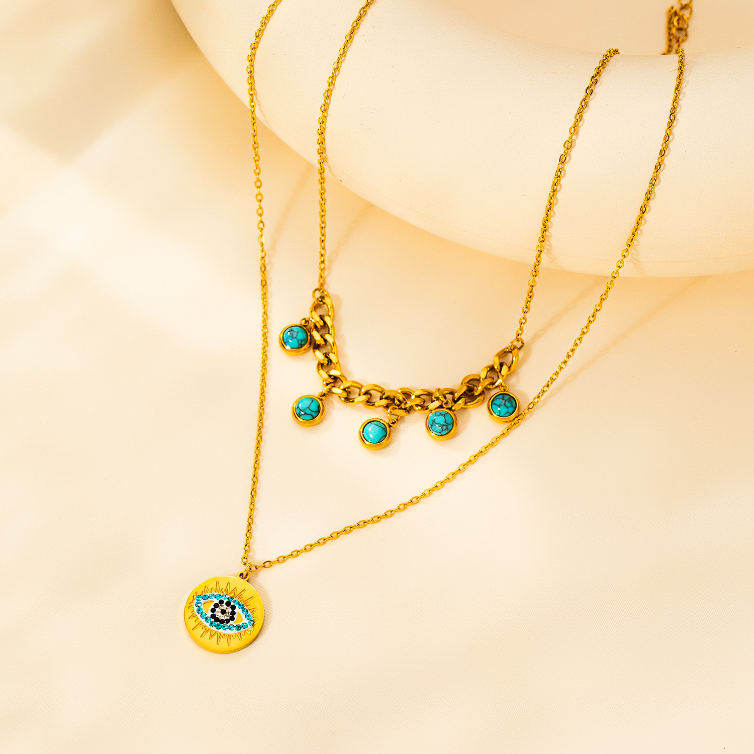 316L Stainless Steel Drip Oil Round Card Double Layer Necklace For Women Personality Vintage Jewelry Gifts 216045106686