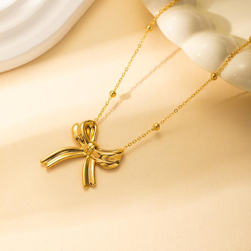 18K Gold Plated Minimalist Bowknot Pendant Necklace Metal Texture Stainless Steel Delicate Charm Stylish Jewelry 216045116280