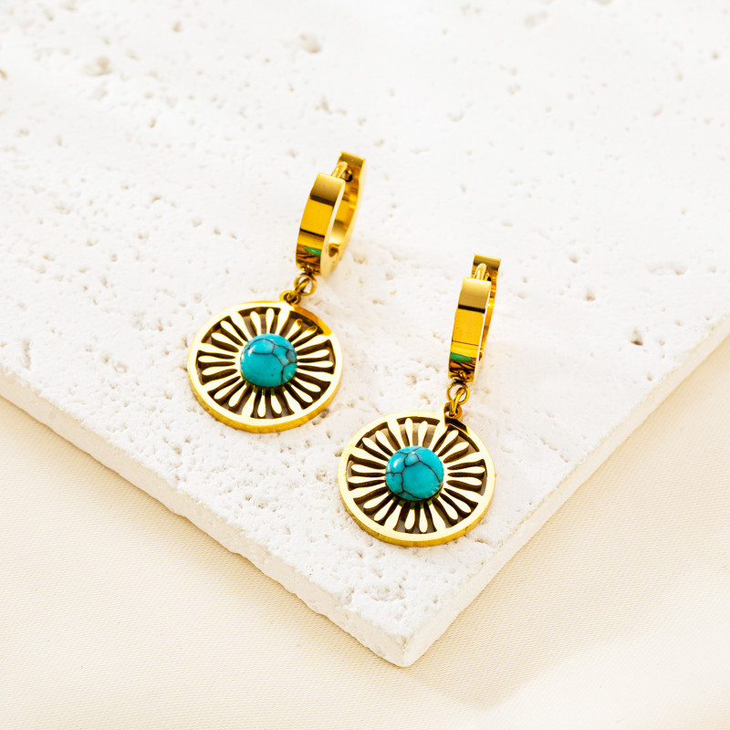 Flyfyp Trendy Titanium Stainless Steel Turquoise Hoop Earring Classic Wedding Earrings Jewelry For Women
