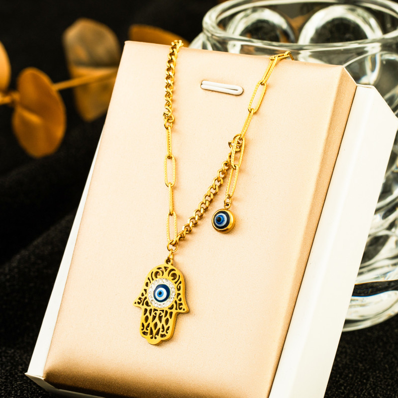 Gothic Fatima Hand Pendant Necklace Stainless Steel Chain Blue Evil Eye Necklaces For Women Punk Christmas Jewelry Accessories