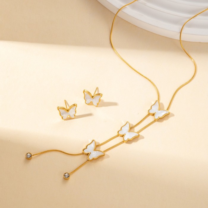 2024 New Light Luxury Bone Sense Titanium Steel Shell Frosted Butterfly Heart Fringe Necklace Earrings Set, Jewelry Sets