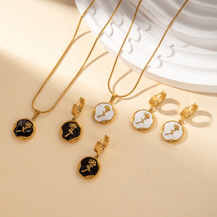 Flyfyp Trendy Rose Flower Titanium Steel Chokers Necklaces Flower Stud Earrings Sets Wedding Jewelry