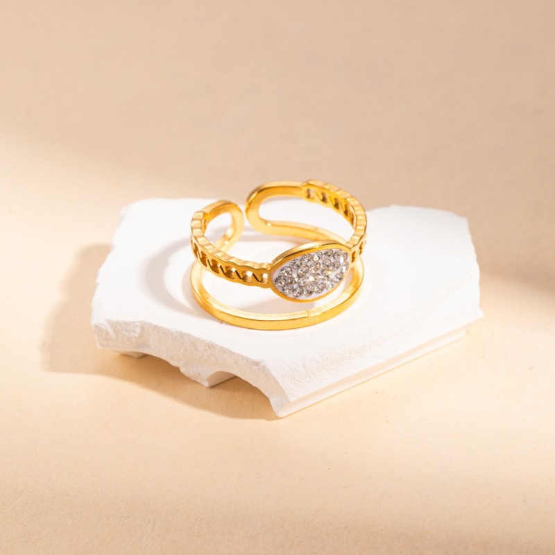 Luxury Stainless Steel Double Layered Lines Inlaid Zircon Open Ring for Women Vintage Niche Jewelry Gifts Wholesale