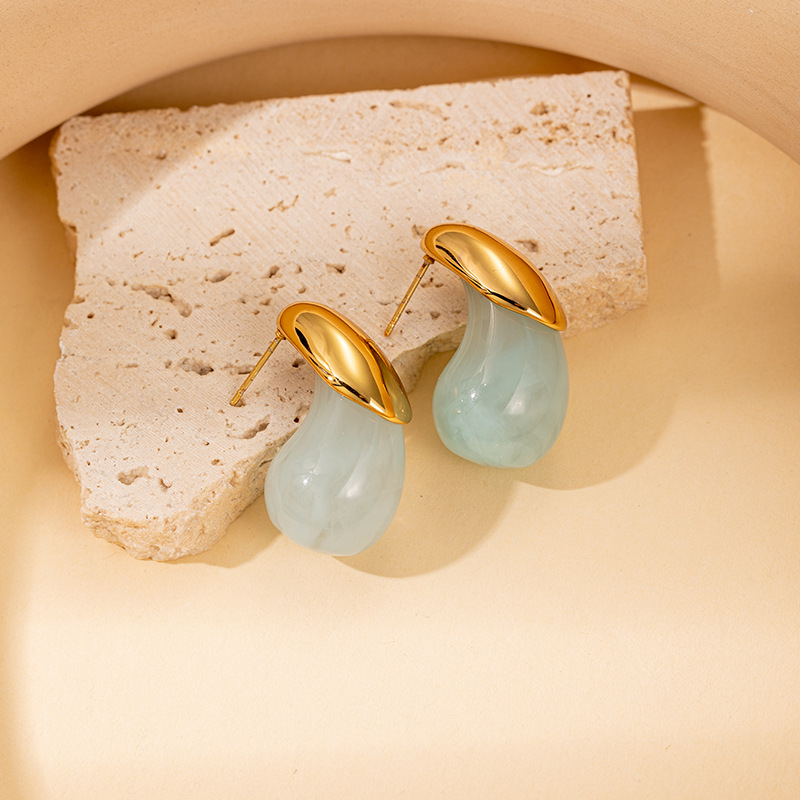 New Stainless Steel Stud Earrings Colored Water Drop Resin Titanium Steel Earrings 216045118863
