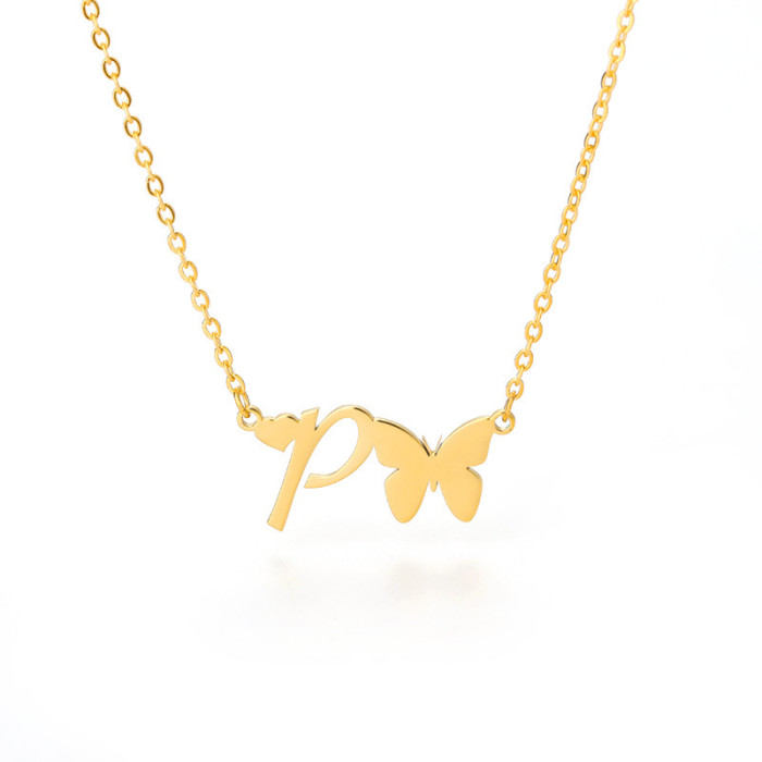 New Simple Gold Color A-Z 26 Letters Pendant Necklace Stainless Steel Alphabet Name Chain Choker