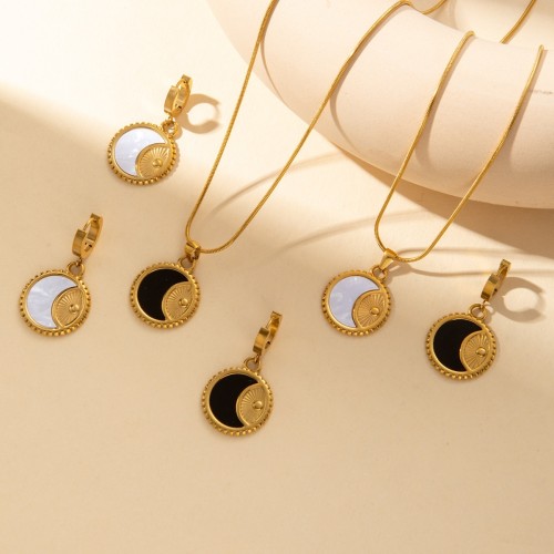New Titanium Steel Black and White Crescent Necklace Earrings Set For Women Girls Party Jewelry Sets