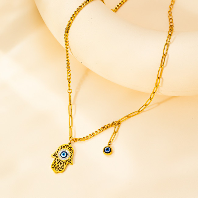Gothic Fatima Hand Pendant Necklace Stainless Steel Chain Blue Evil Eye Necklaces For Women Punk Christmas Jewelry Accessories