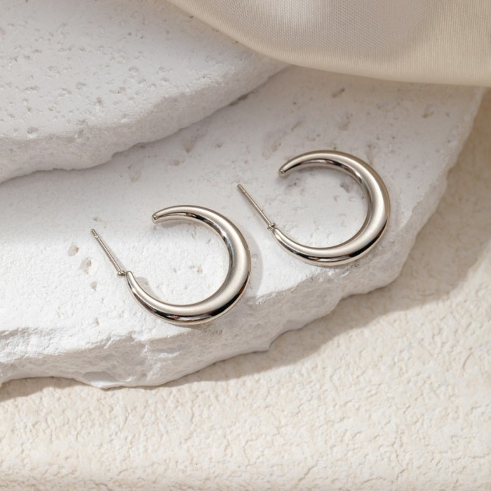 316L Stainless Steel Geometric Chunky Unusual Hoop Earrings for Women Steel Color Texture Charm Stylish Jewelry