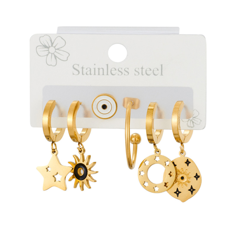 Flyfyp 6pcs Stainless Steel Star Sun Drop Earrings for Women Fashion Anti-rust Ear Jewelry Party