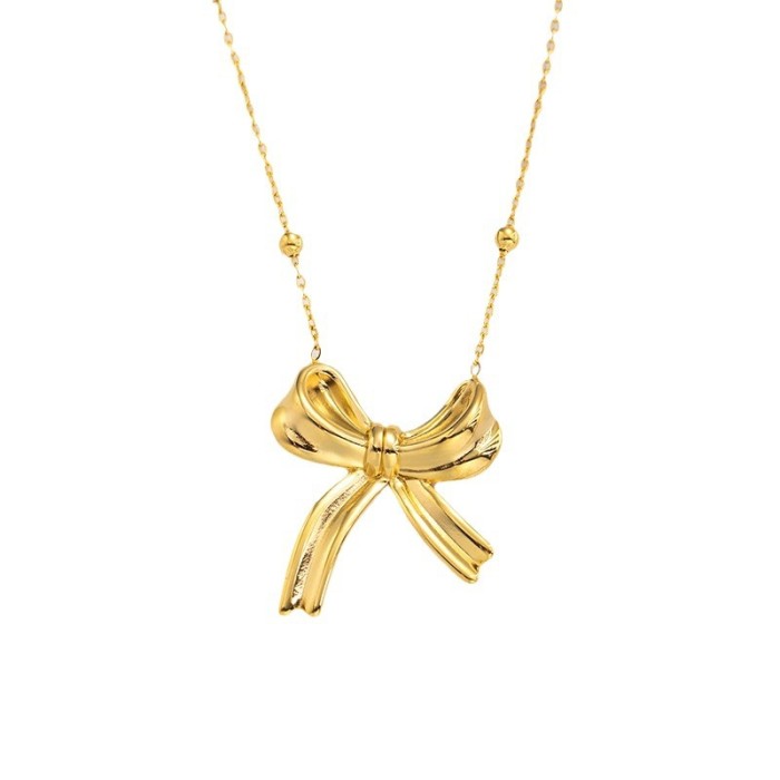18K Gold Plated Minimalist Bowknot Pendant Necklace Metal Texture Stainless Steel Delicate Charm Stylish Jewelry