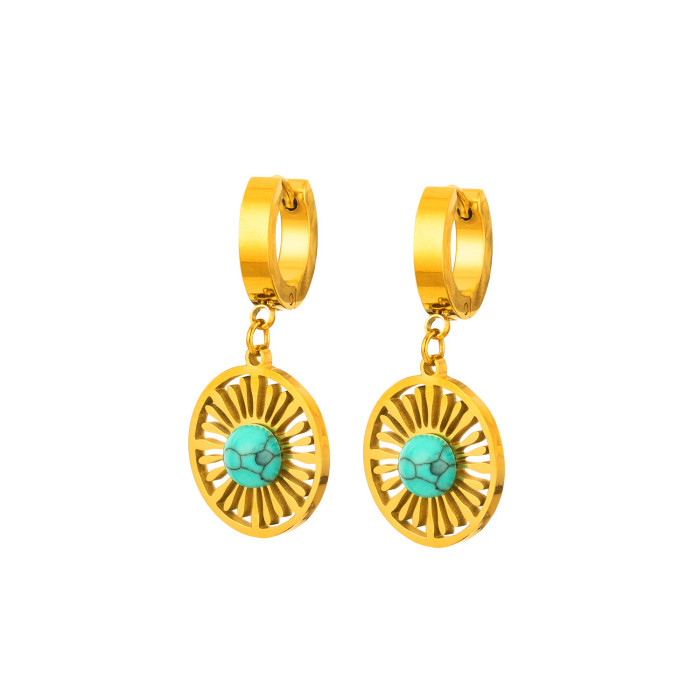 Flyfyp Trendy Titanium Stainless Steel Turquoise Hoop Earring Classic Wedding Earrings Jewelry for Women