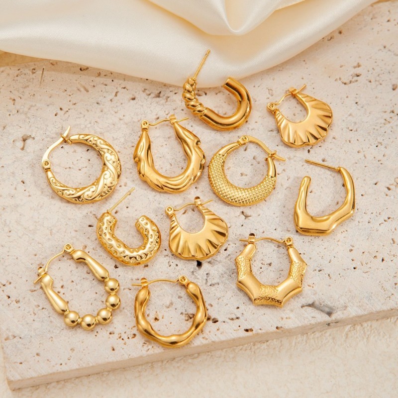 Fashion 316L Stainless Steel Chunky Geometry Bamboo Earrings 18K Gold Plated Bohemia Party Ear Jewelry for Women