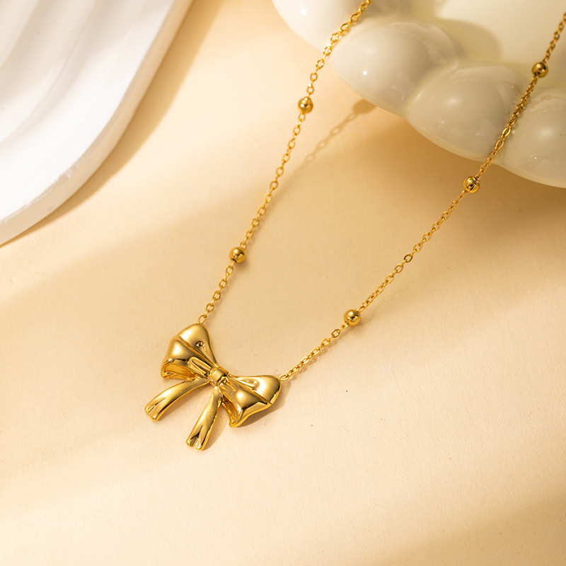 18K Gold Plated Minimalist Bowknot Pendant Necklace Metal Texture Stainless Steel Delicate Charm Stylish Jewelry 216045116280