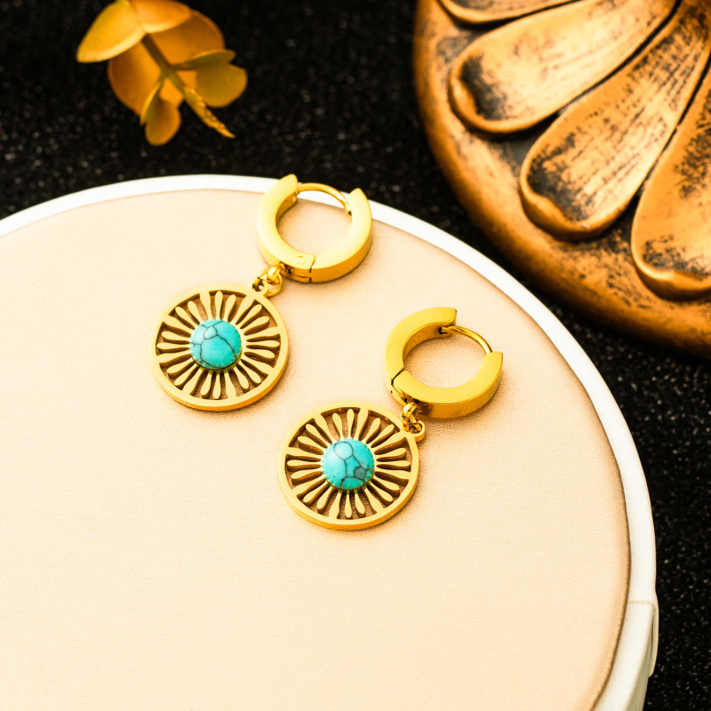 Flyfyp Trendy Titanium Stainless Steel Turquoise Hoop Earring Classic Wedding Earrings Jewelry For Women