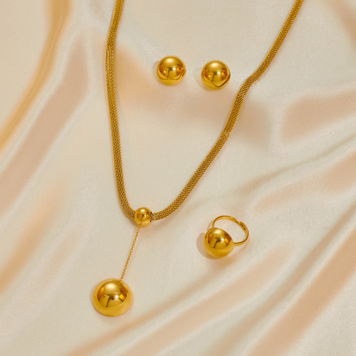 Stainless Steel Hollow Smooth Big Round Ball Pendant Necklace Earring Set for Women 18K Gold Plated Necklace Jewelry