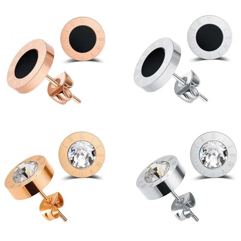 Fashion Chic Stainless Steel Acrylic Crystal Stud for Women Men Jewelry Vintage Roman Numerals Small Earring