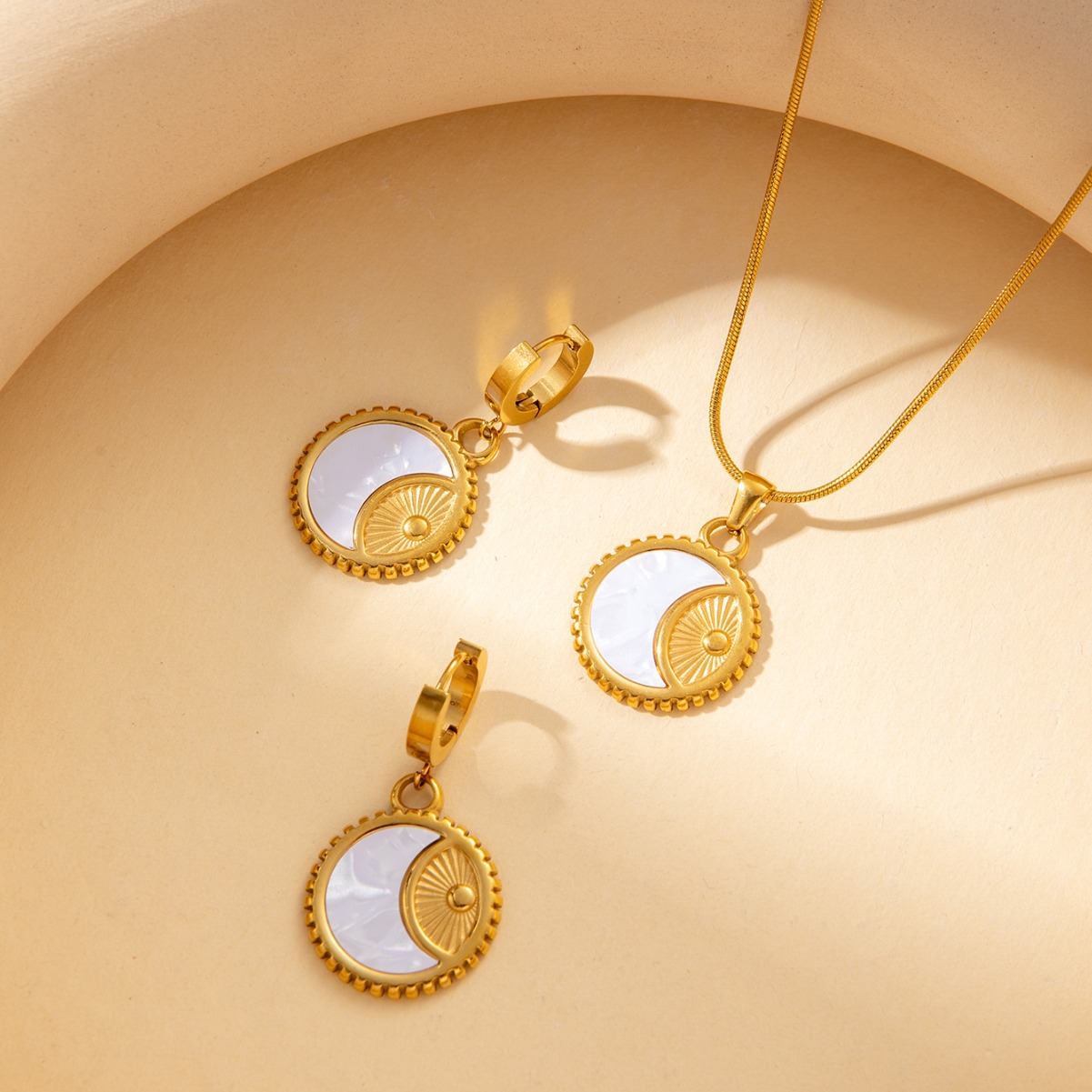 New Titanium Steel Black And White Crescent Necklace Earrings Set For Women Girls Party Jewelry Sets 216045111114