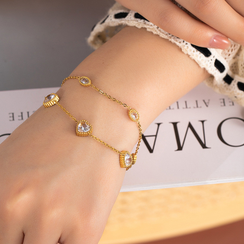 Classic Unique 316L Stainless Love Shape Zircon Double Layered Bracelet for Women Delicate Temperament Jewelry Gifts