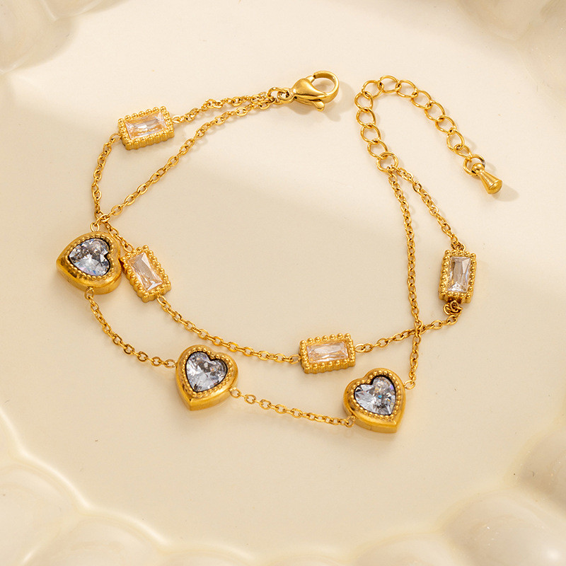 Classic Unique Fashion Heart Square Shiny Zircon Double Layered Bracelet for Women Delicate Sweet Jewelry Gifts