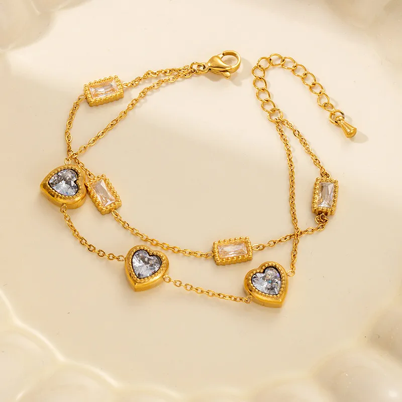 Classic Unique Fashion Heart Square Shiny Zircon Double Layered Bracelet for Women Delicate Sweet Jewelry Gifts