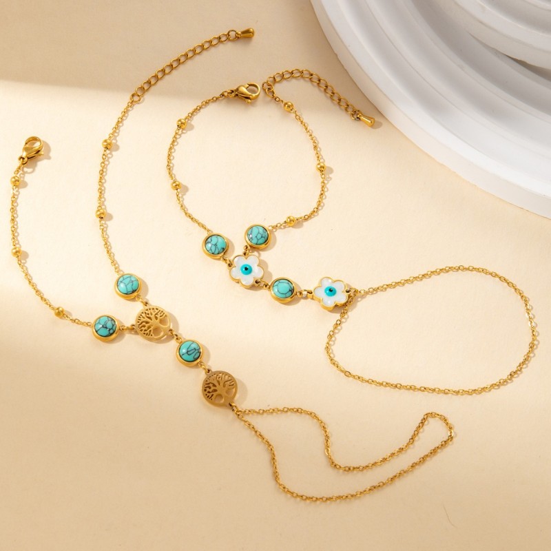 Stainless Steel Minimalist Retro Turquoise Inlay Bracelet for Women 18K Gold Plated Tree Shape Pendant Bracelet Jewelry