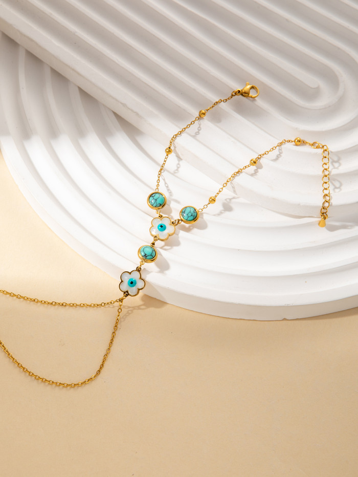 Stainless Steel Minimalist Retro Turquoise Inlay Bracelet for Women 18K Gold Plated Tree Shape Pendant Bracelet Jewelry