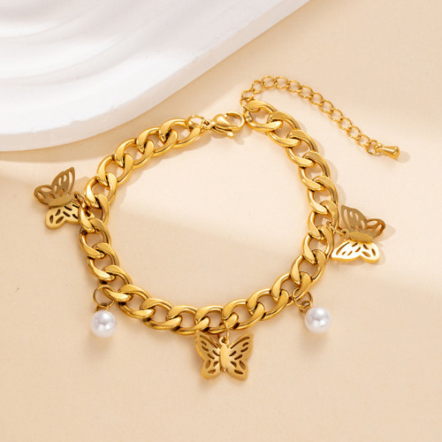Flyfyp Stainless Steel Pearl Chain Link Bracelets For Women 18K Gold Plated Fashion Butterfly Animal Charm Bracelet