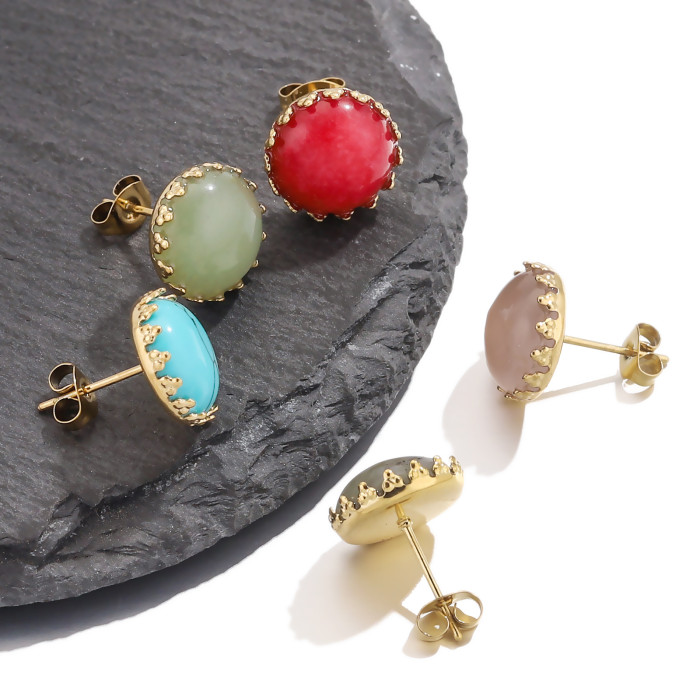 Stylish 18K Gold Plated Stainless Steel Natural Stone Stud Earrings Chic Hypoallergenic Handmade DIY Jewelry