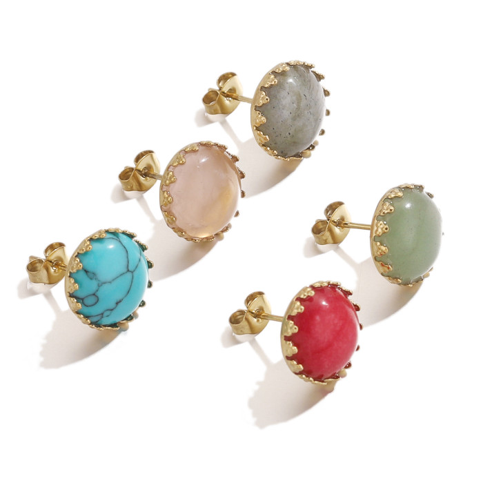 Stylish 18K Gold Plated Stainless Steel Natural Stone Stud Earrings Chic Hypoallergenic Handmade DIY Jewelry