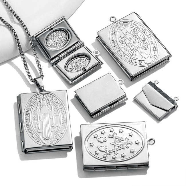 Stainless Steel Rectangular Phase Box Pendant Retro Envelope Pendant DIY Creative Necklace Accessories