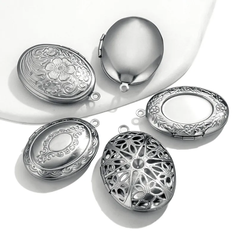 Stainless Steel Oval Phase Box Pendant Vintage Relief Pattern Pendant DIY Creative Necklace Accessories