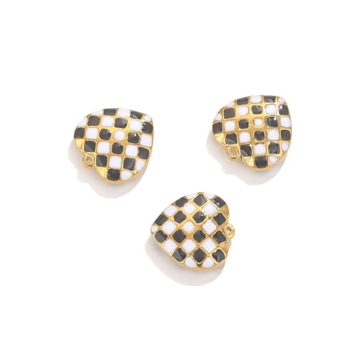 Stainless Steel Drop Glaze Colored Heart Pendant Black and White Checkerboard Love Earrings Bracelet Necklace DIY Jew...