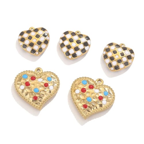 Stainless Steel Drop Glaze Colored Heart Pendant Black and White Checkerboard Love Earrings Bracelet Necklace DIY Jewelry