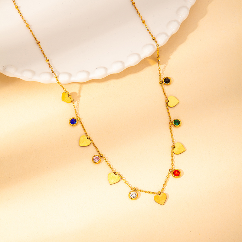 316L Stainless Steel Colorful Cubic Zirconia Heart Flower Chain Necklace For Women Trendy Delicate Jewelry Femme Party 216045090450