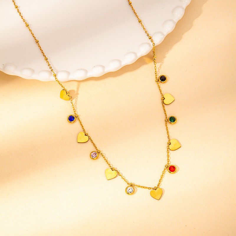 316L Stainless Steel Colorful Cubic Zirconia Heart Flower Chain Necklace for Women Trendy Delicate Jewelry Femme Party
