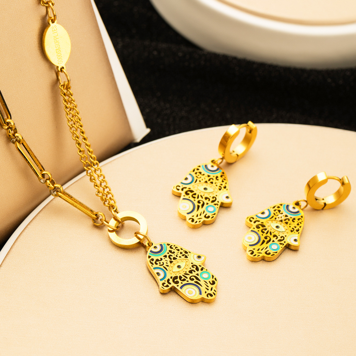 Chic Vintage Turkish Evil Eye Hamasa Hand Stainless Steel Statement Necklace Ethnic Style Goth Jewelry For Women 216045089712