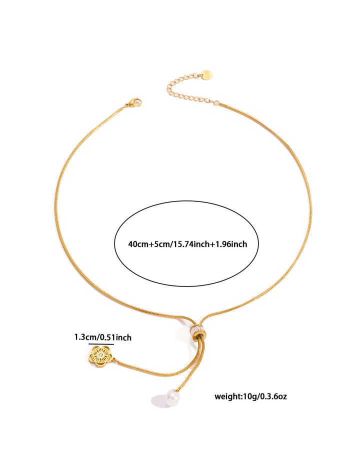 Long Stainless Steel Chain Necklace Pearl Flower Pendant Necklace Adjustable Necklace Jewelry