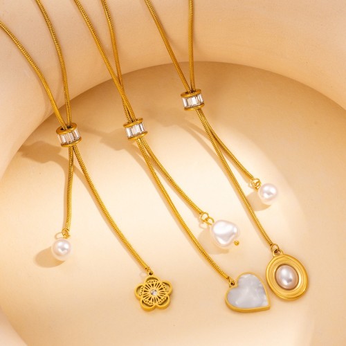 Long Stainless Steel Chain Necklace Pearl Flower Pendant Necklace Adjustable Necklace Jewelry