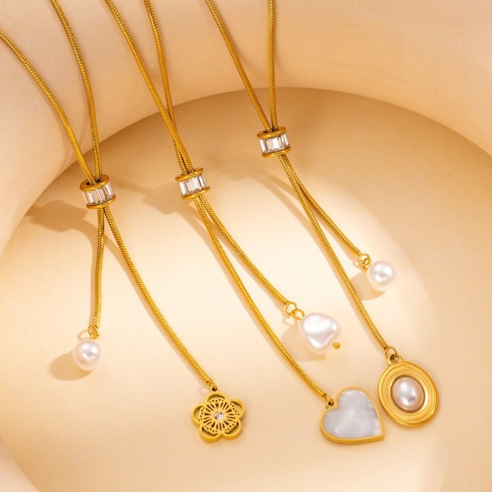 Long Stainless Steel Chain Necklace Pearl Flower Pendant Necklace Adjustable Necklace Jewelry
