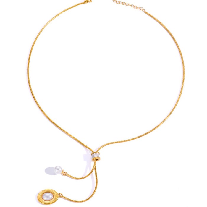 Long Stainless Steel Chain Necklace Pearl Flower Pendant Necklace Adjustable Necklace Jewelry