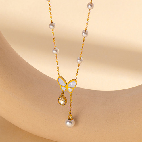 Chic Trendy Stainless Steel Butterfly Charm Pearl Choker Necklace Beach Chain Necklace For Women Girls