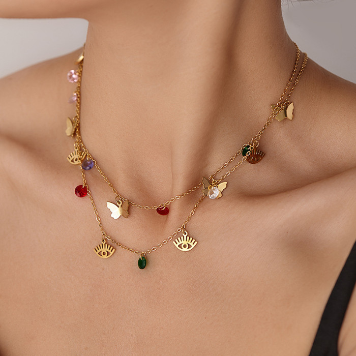 Gothic Turkish Evil Eye Butterfly Stainless Steel Collar Necklace Fashion Ethnic Style Crystal Jewelry For Women