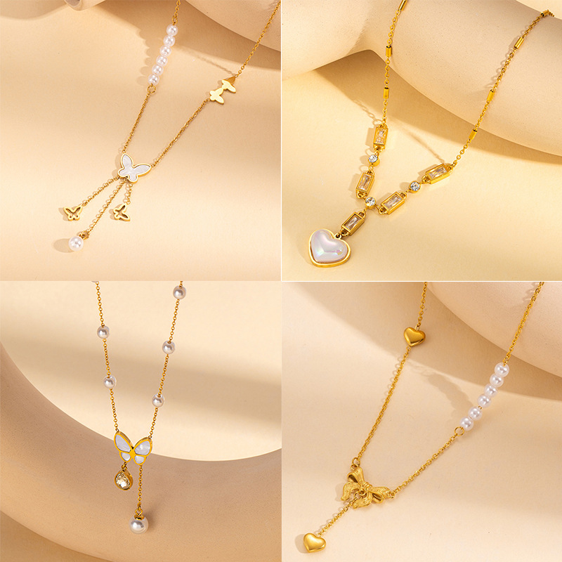 Hot Sale Stainless Steel Heart Butterfly Pendant Tassels Necklace For Women Wholesale 216045090081