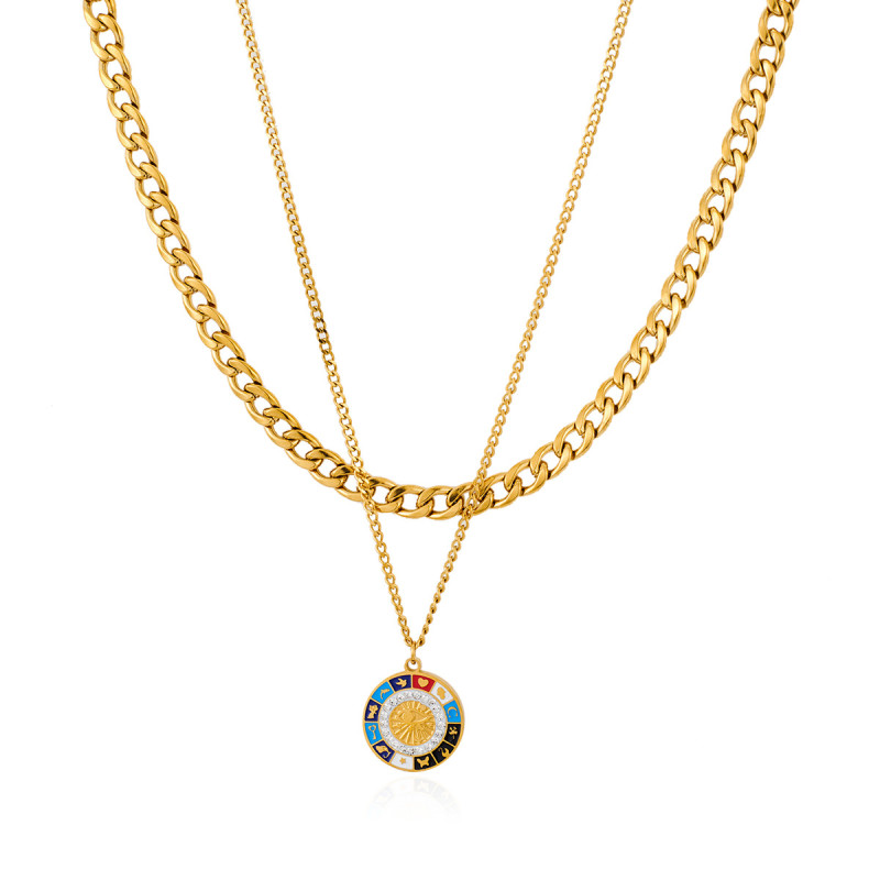 Chic 316L Stainless Steel Drip oil Round Card Double Layer Necklace For Women Personality Vintage Jewelry Gifts